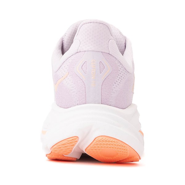 HOKA Clifton 10 women's running shoe rear heel view showing lilac upper and tangerine outsole