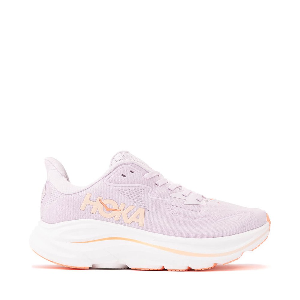 HOKA Clifton 10 women's running shoe in lilac cream with tangerine glow accents, lateral view