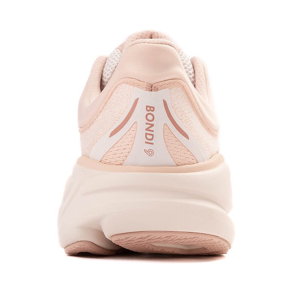 Hoka Bondi 9 women's running shoe in rose latte colorway, rear heel view