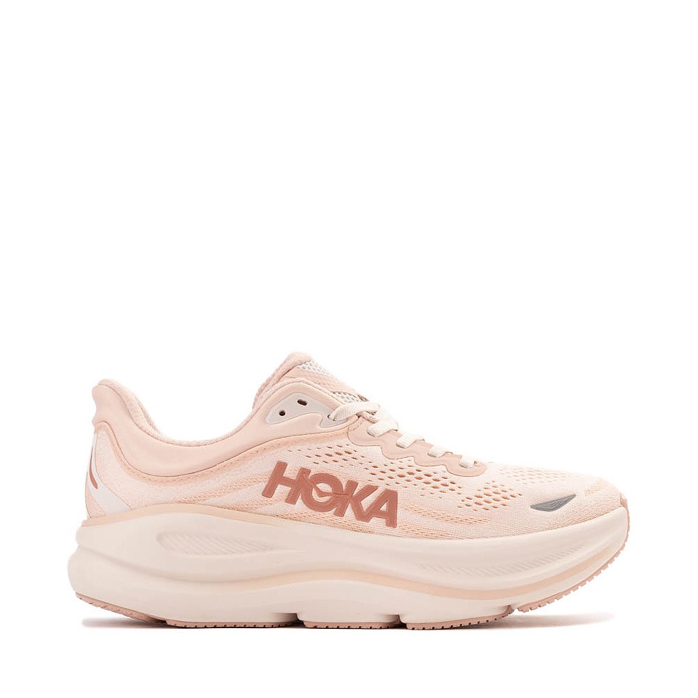 Hoka Bondi 9 women's running shoe in rose latte color with mesh upper