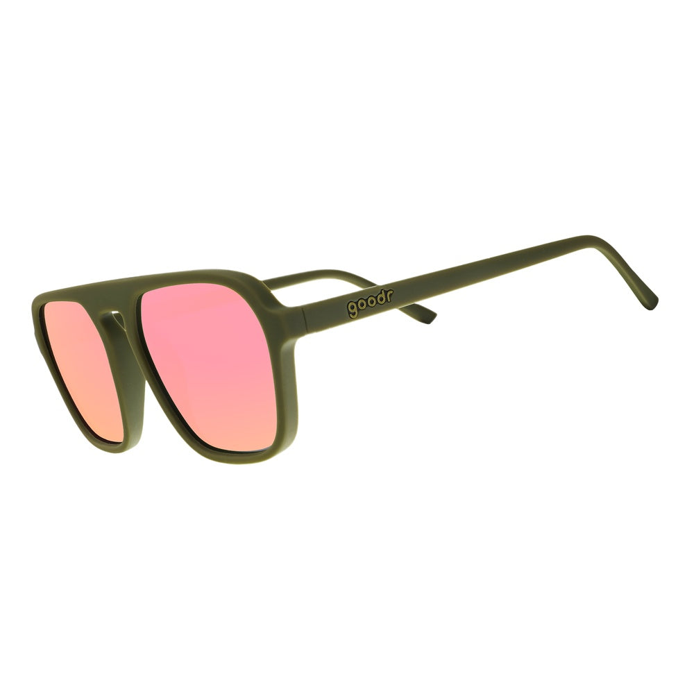 Goodr Dirty Martini Time Machine sunglasses with olive green frames and pink lenses