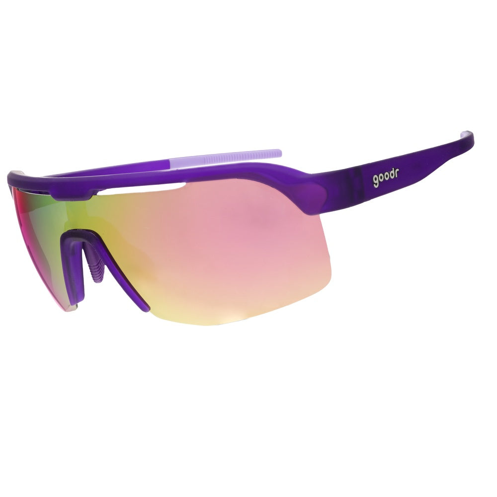 Goodr Tentacle Tag Champion sunglasses with purple frame and rainbow reflective lenses