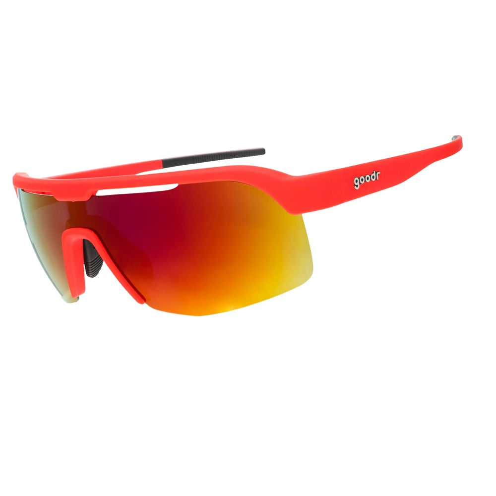 Goodr red sport sunglasses with orange gradient mirrored lenses on white background