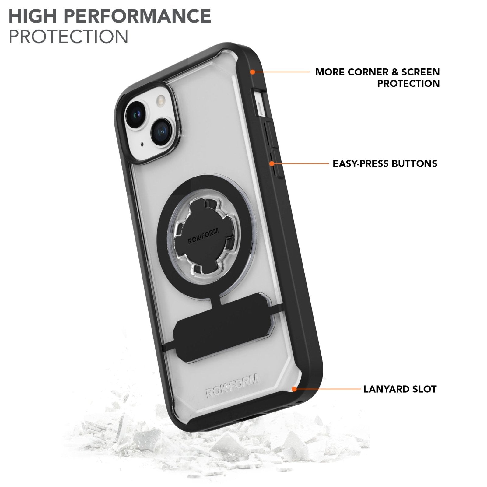Rokform Crystal Case for iPhone 15 Plus with clear back and black protective edges