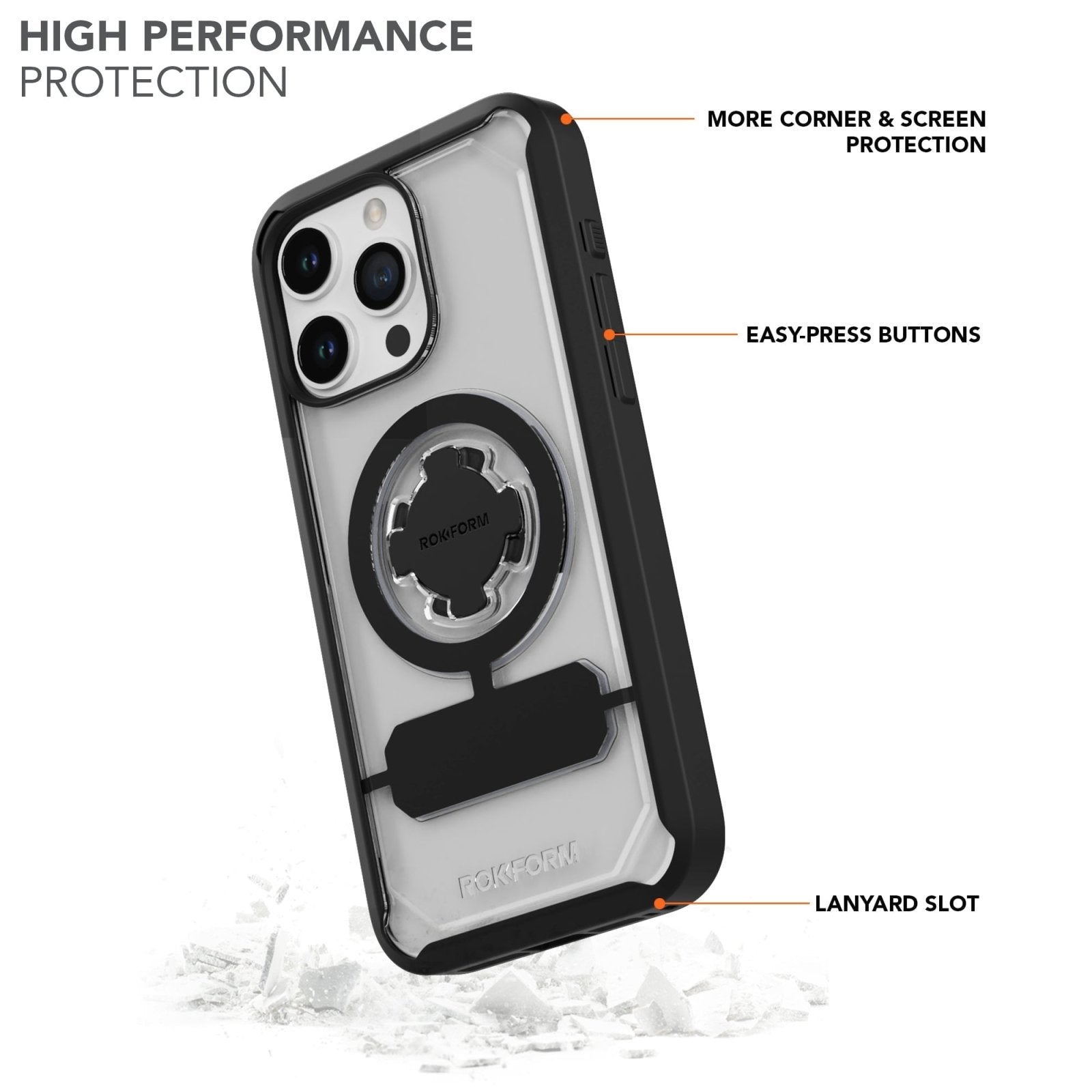 Rokform Crystal Case for iPhone 15 Pro Max with clear back and black protective edges