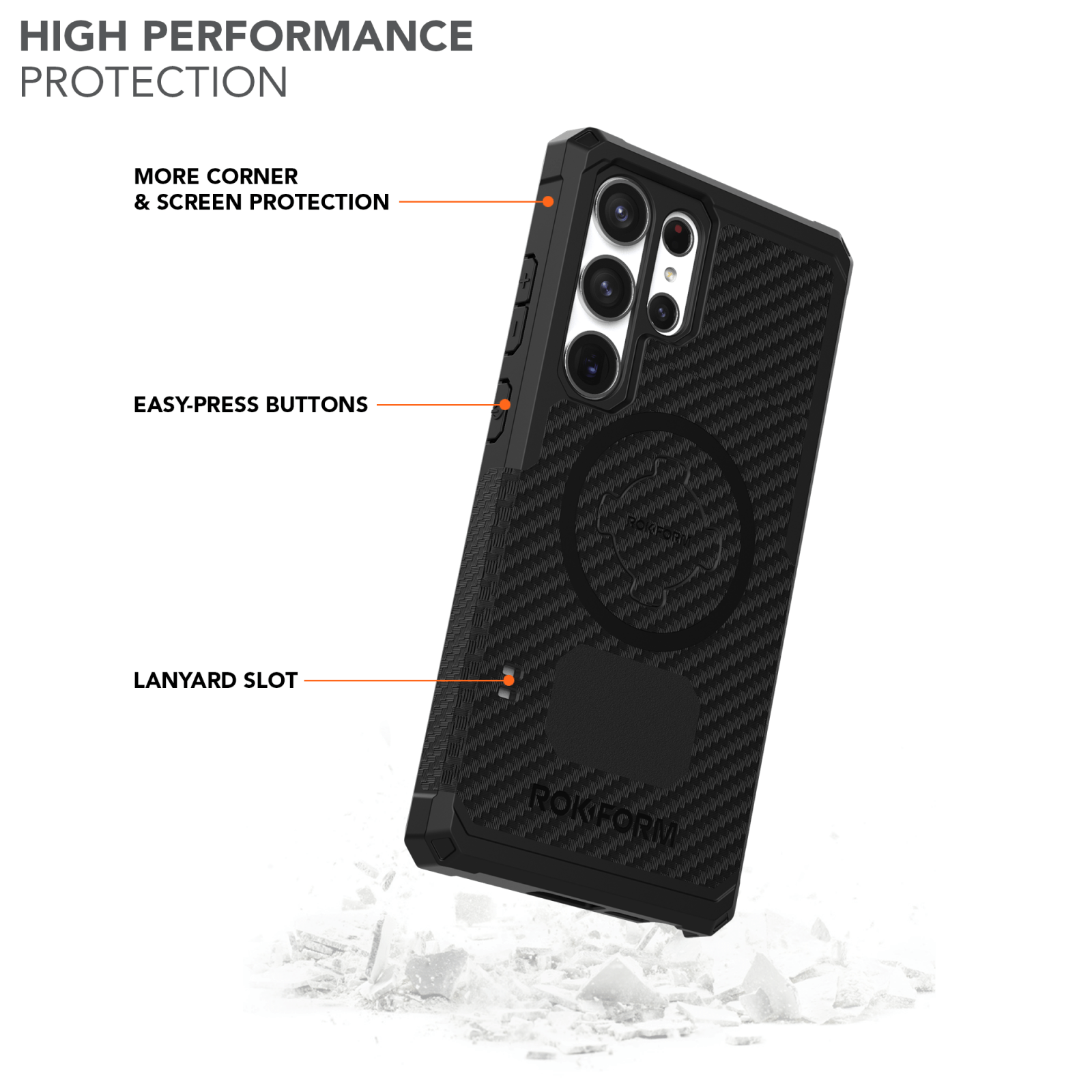 Rokform black carbon fiber phone case with protective features highlighted