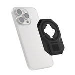 Black Rokform Universal Adapter with clear phone case on white background