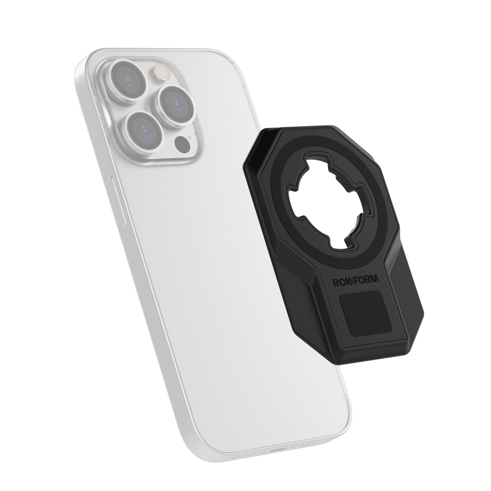 Black Rokform Universal Adapter with clear phone case on white background