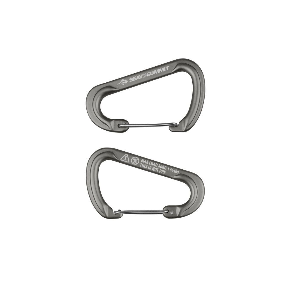 Two grey Sea To Summit carabiners with spring gates on white background