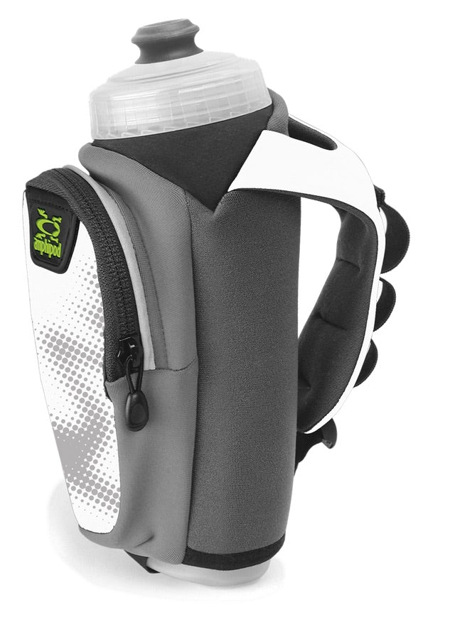Amphipod handheld water bottle holder with white and gray design
