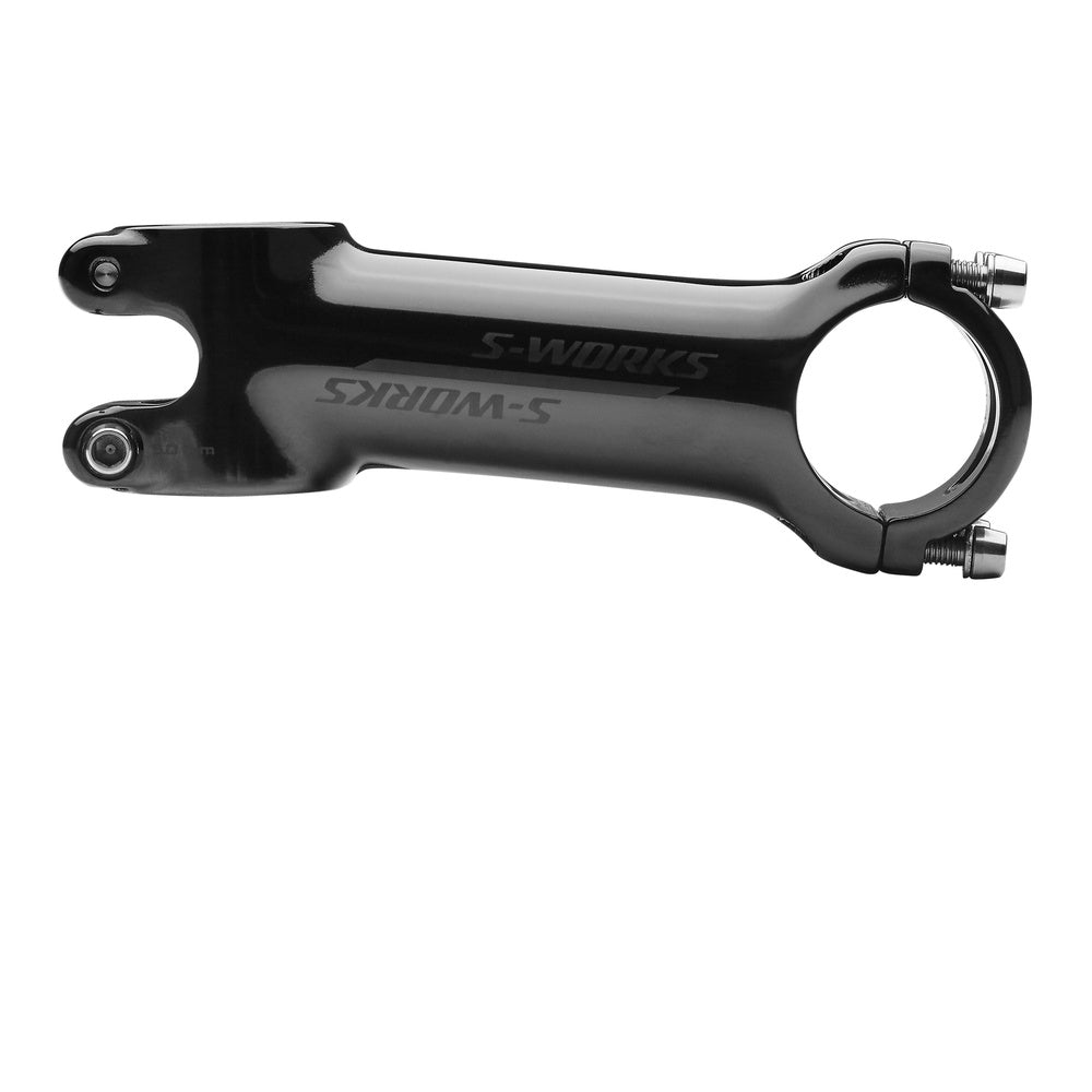Black Specialized S-Works bicycle stem with professional studio lighting on white background