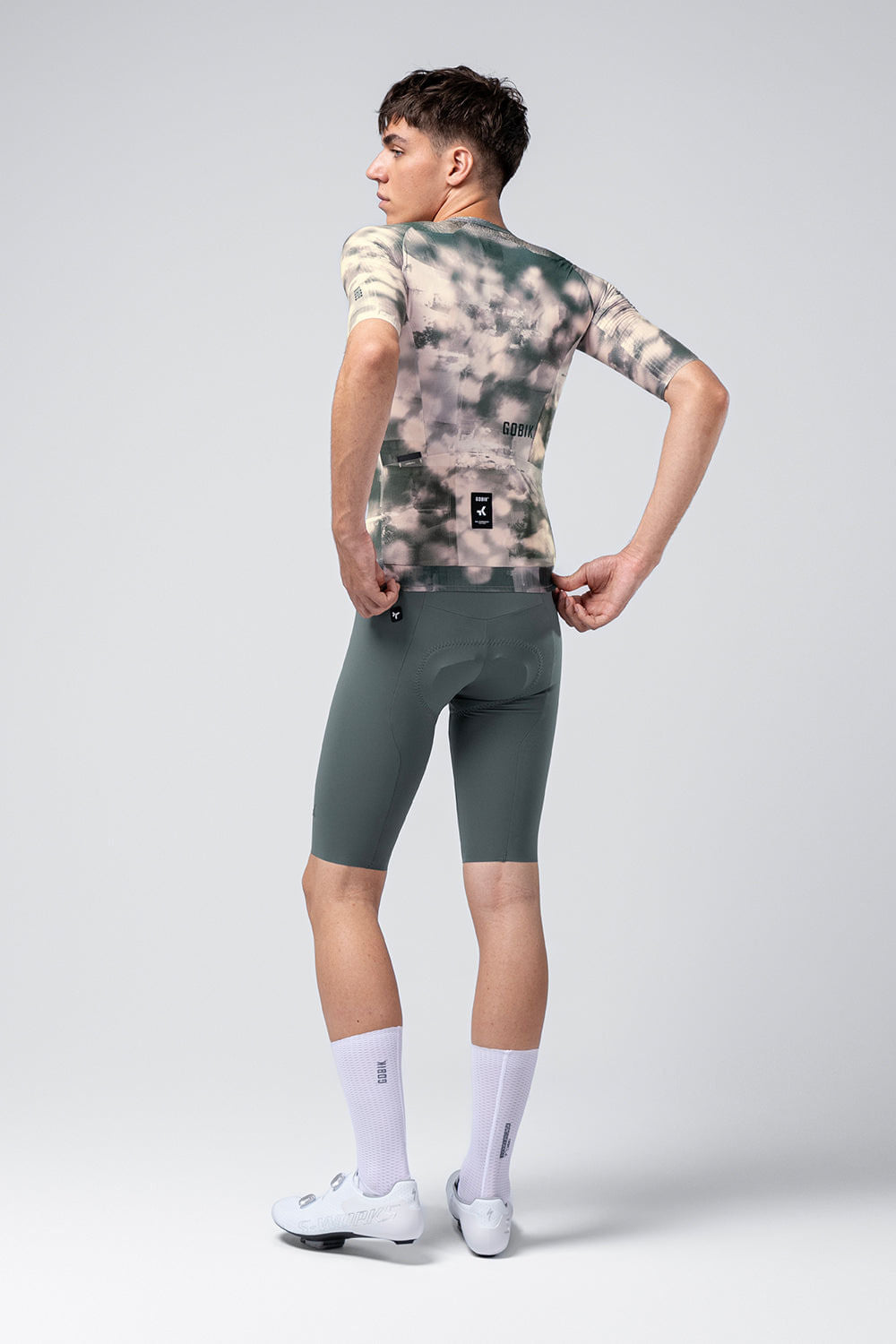 Gobik Reactive short sleeve cycling jersey in bush camouflage pattern, rear view