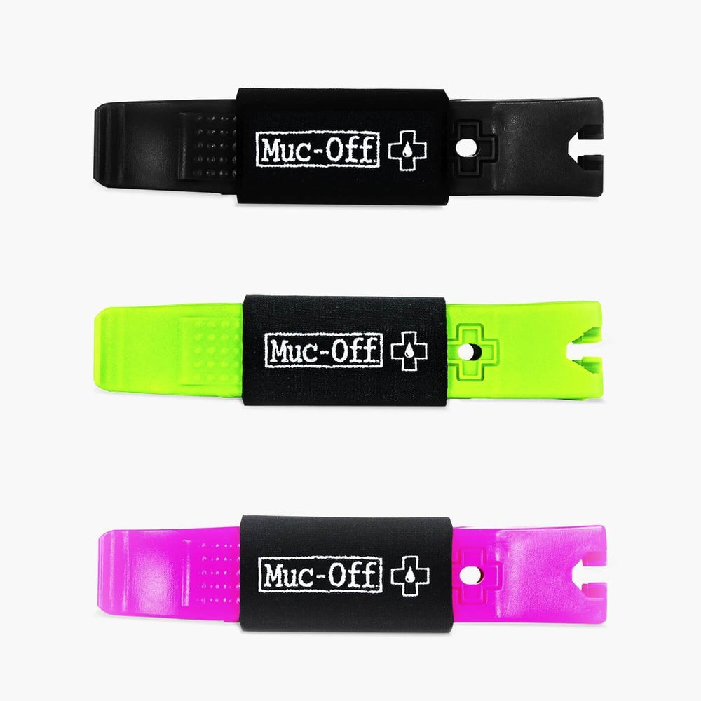 Muc-Off tire levers set with three colorful plastic levers in black, green, and pink