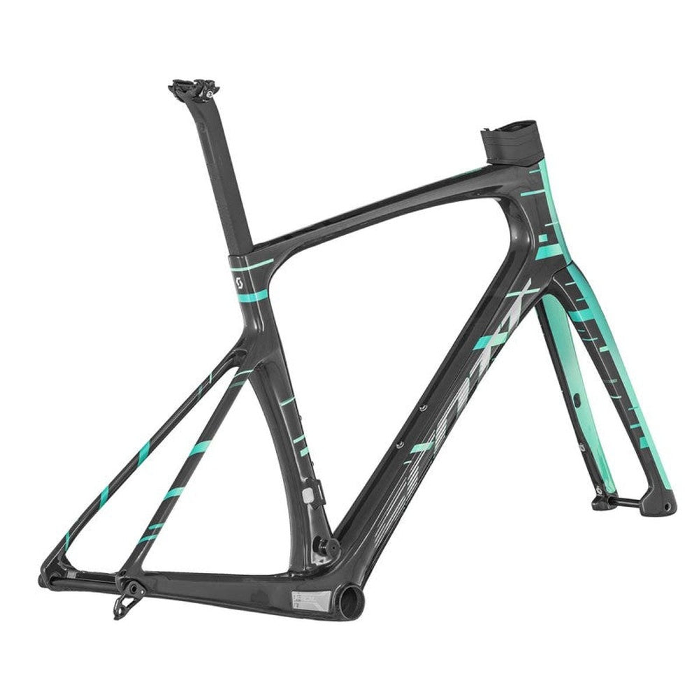 Scott Foil RC bike frame in black with teal accents on white background