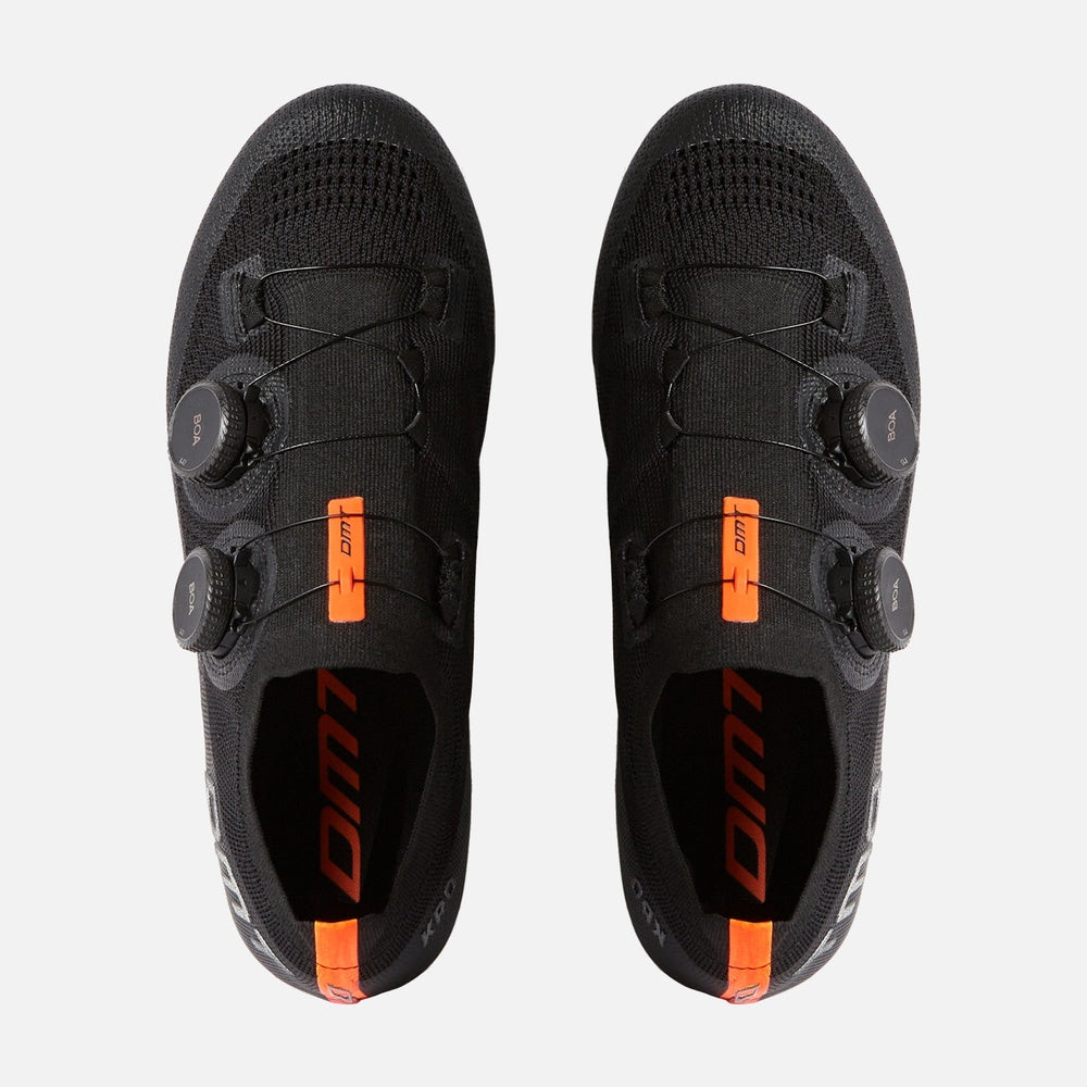 DMT KR0 black road cycling shoes with dual BOA dials and orange accents