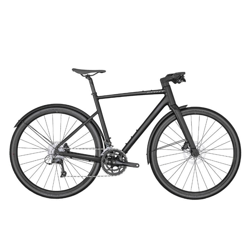 Scott Metrix 30 EQ hybrid bike in matte black with flat handlebars