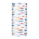 Buff Cool Net UV+ neck gaiter with colorful fishing fly pattern on white