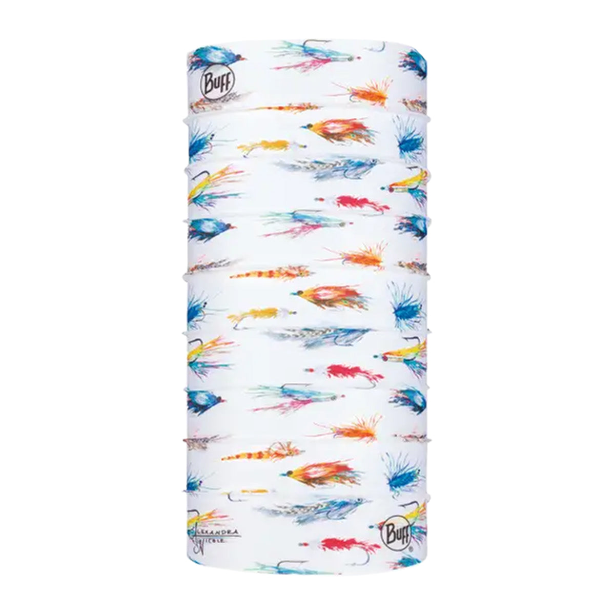 Buff Cool Net UV+ neck gaiter with colorful fishing fly pattern on white