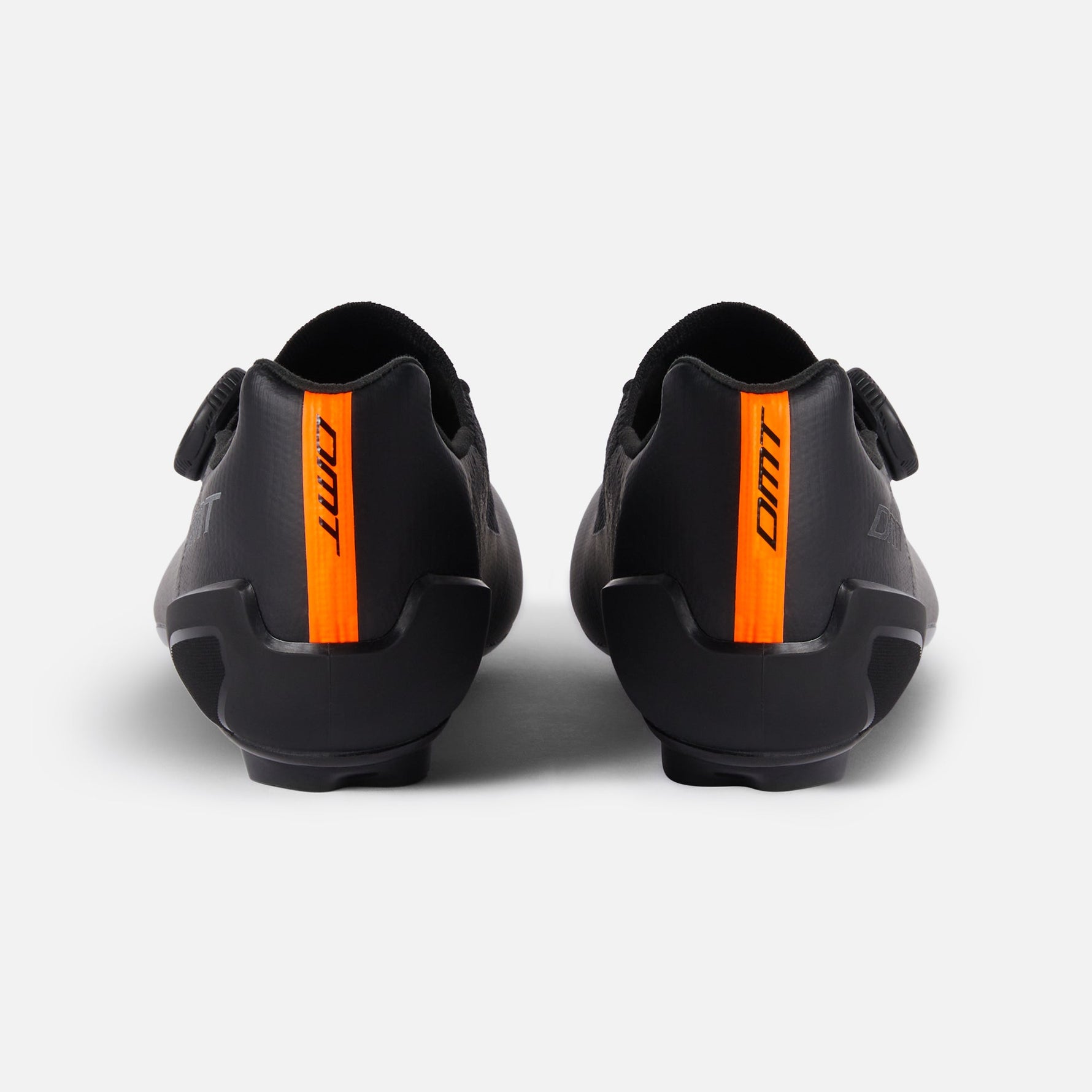DMT KR3 road cycling shoes in black with orange heel stripe, rear view
