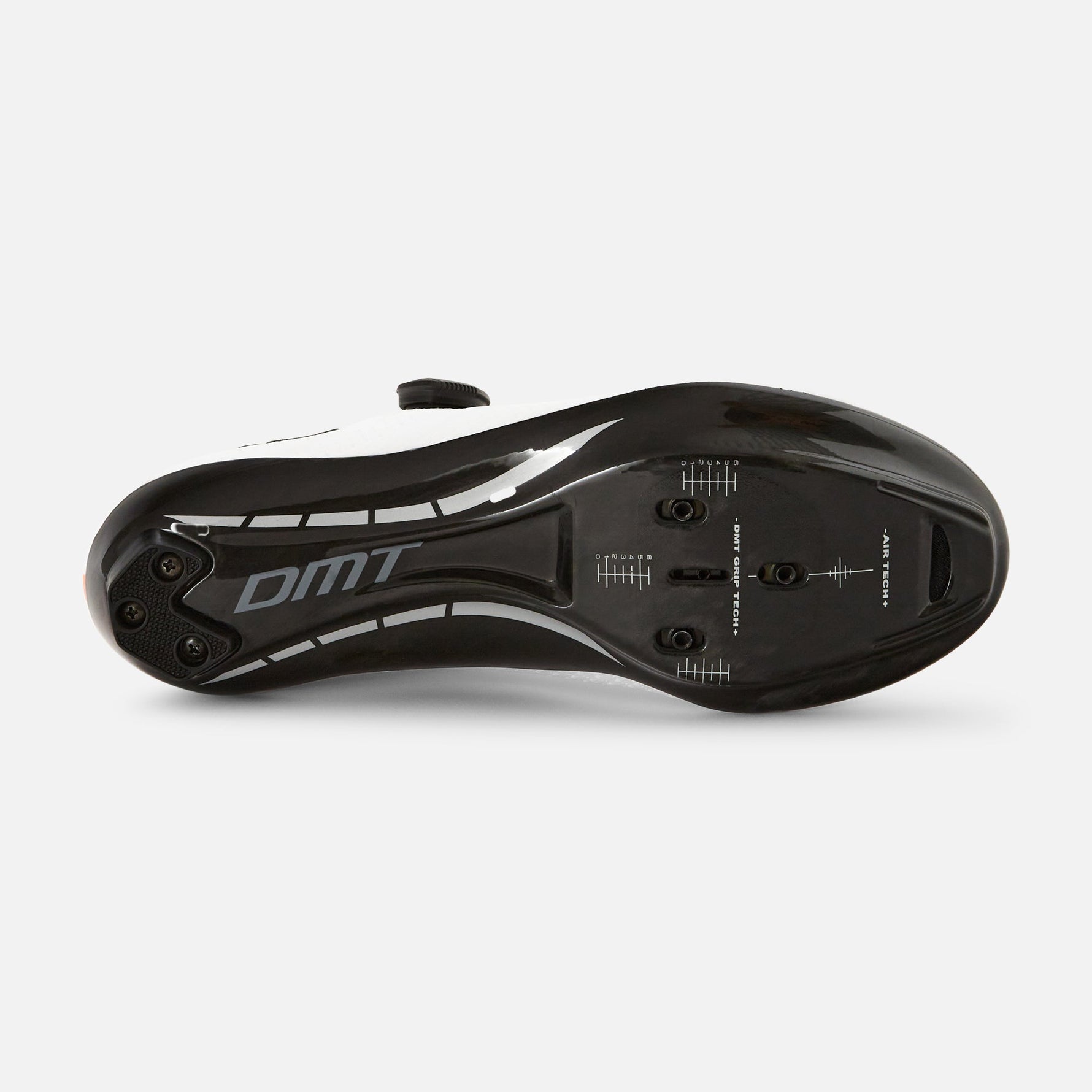 DMT KR1 road cycling shoe sole view showing white upper with black sole and cleats