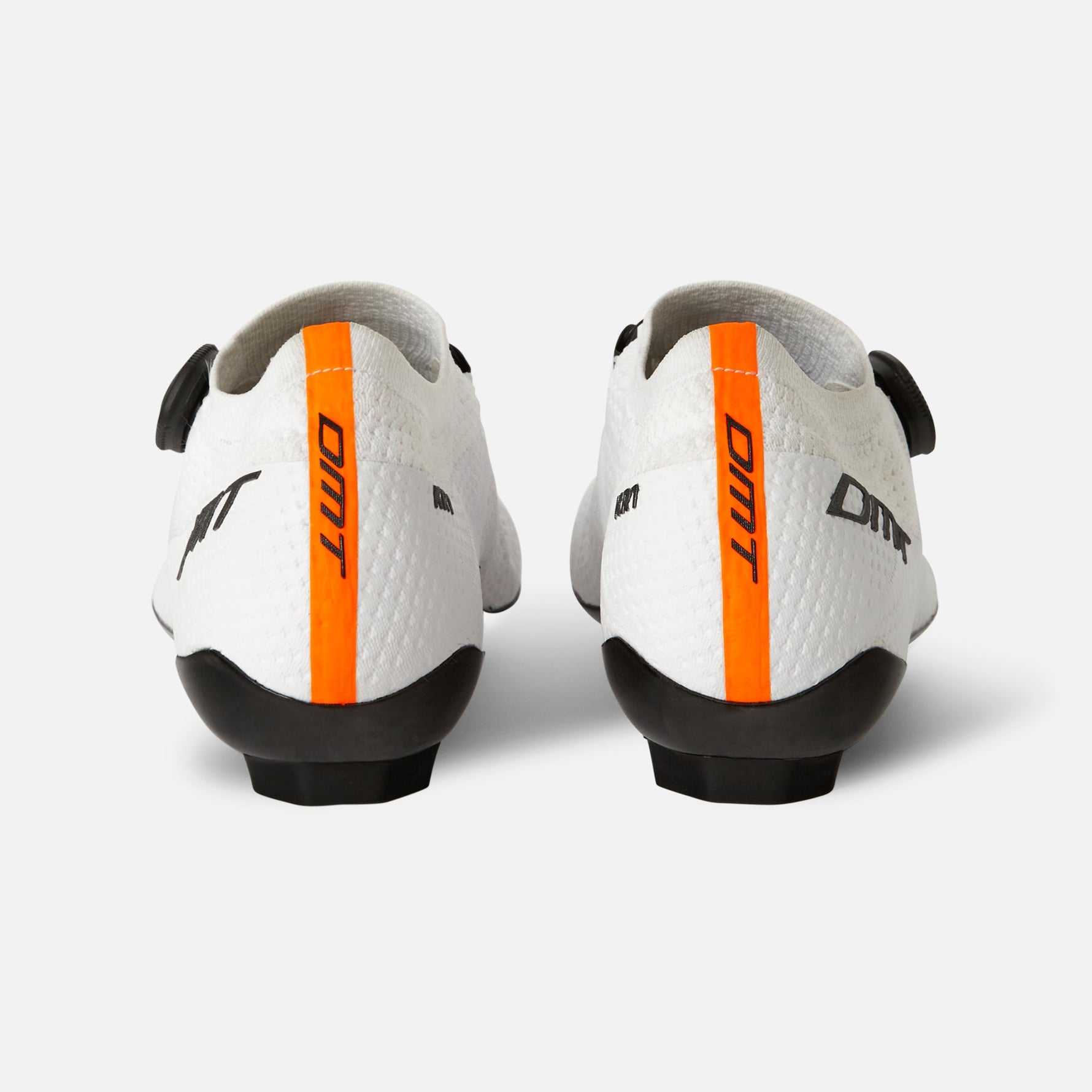 DMT KR1 road cycling shoes in white with orange accents, rear view