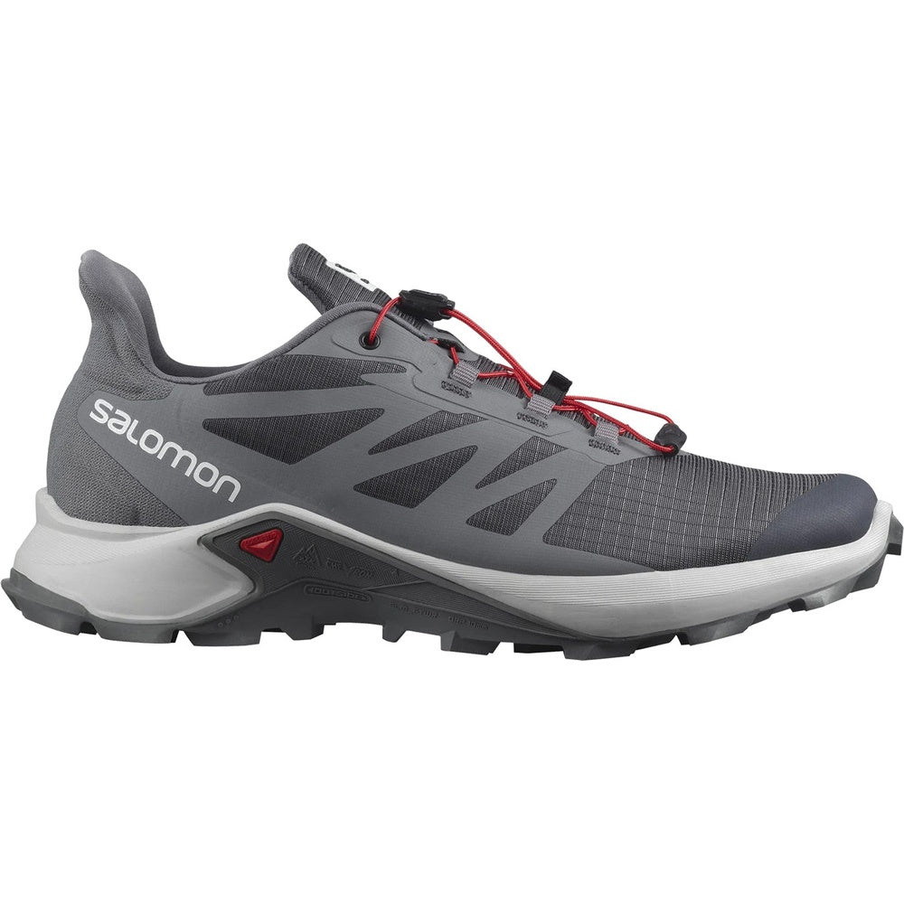 Salomon Supercross 3 men's trail running shoe in gray colorway with red lacing details