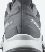 Salomon Supercross 3 men's trail running shoe in gray colorway, rear heel view
