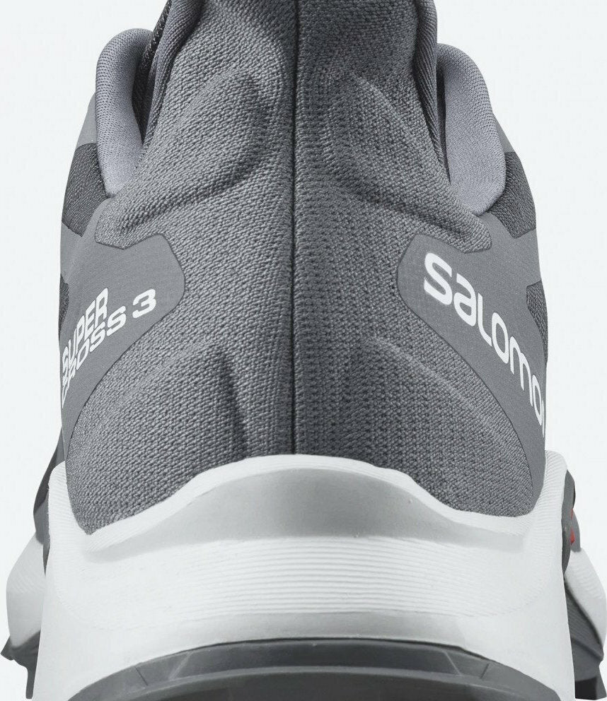 Salomon Supercross 3 men's trail running shoe in gray colorway, rear heel view