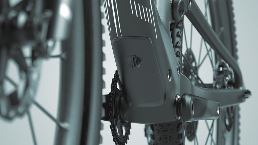 Close-up detail of Scott Spark RC Pro mountain bike frame showing motor unit and drivetrain components