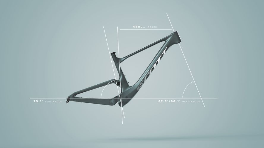 Scott Spark RC World Cup mountain bike frame in Winkle Green with geometry annotations