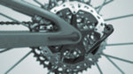 Close-up of Scott Spark RC World Cup bike rear cassette and derailleur in Winkle Green