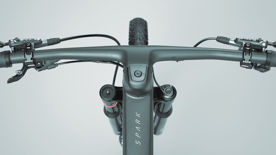 Scott Spark RC mountain bike handlebar and front fork detail in carbon black finish