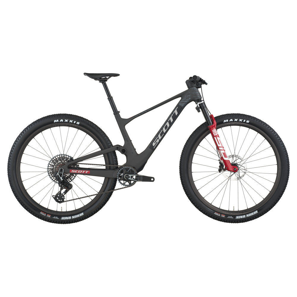 Scott Spark RC World Cup full-suspension mountain bike in carbon black with red RockShox fork