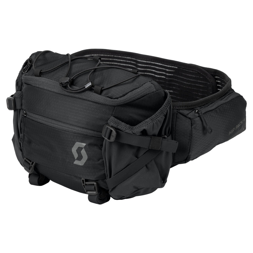 Scott Trail 4 Hip Pack in black with multiple compartments and adjustable waist belt