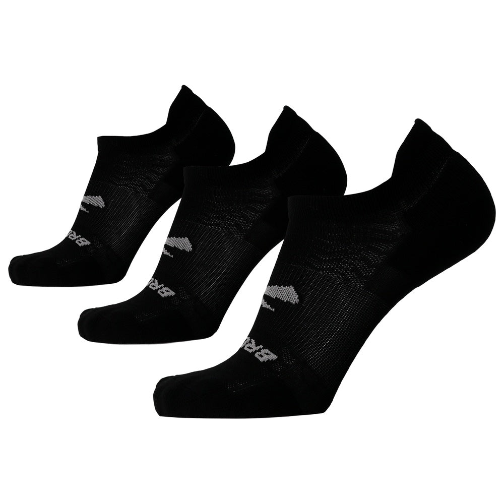 Three black Brooks Run-In no-show socks with grey logo details on white background