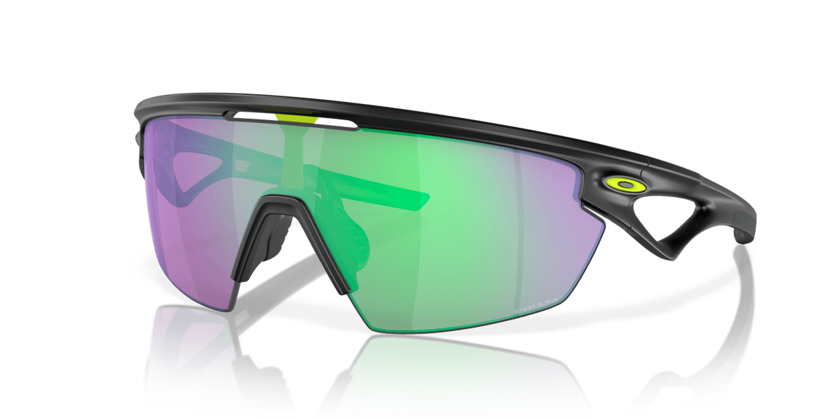 Oakley Sphaera sunglasses with matte black frame and green-purple iridescent sport lenses