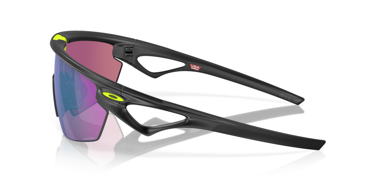Oakley Sphaera sunglasses with matte black frame and purple-blue mirrored lenses