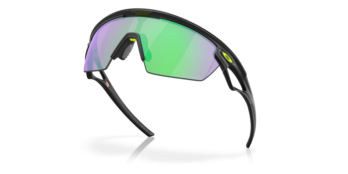 Oakley Sphaera sunglasses with matte black frame and green-purple iridescent mirrored lenses