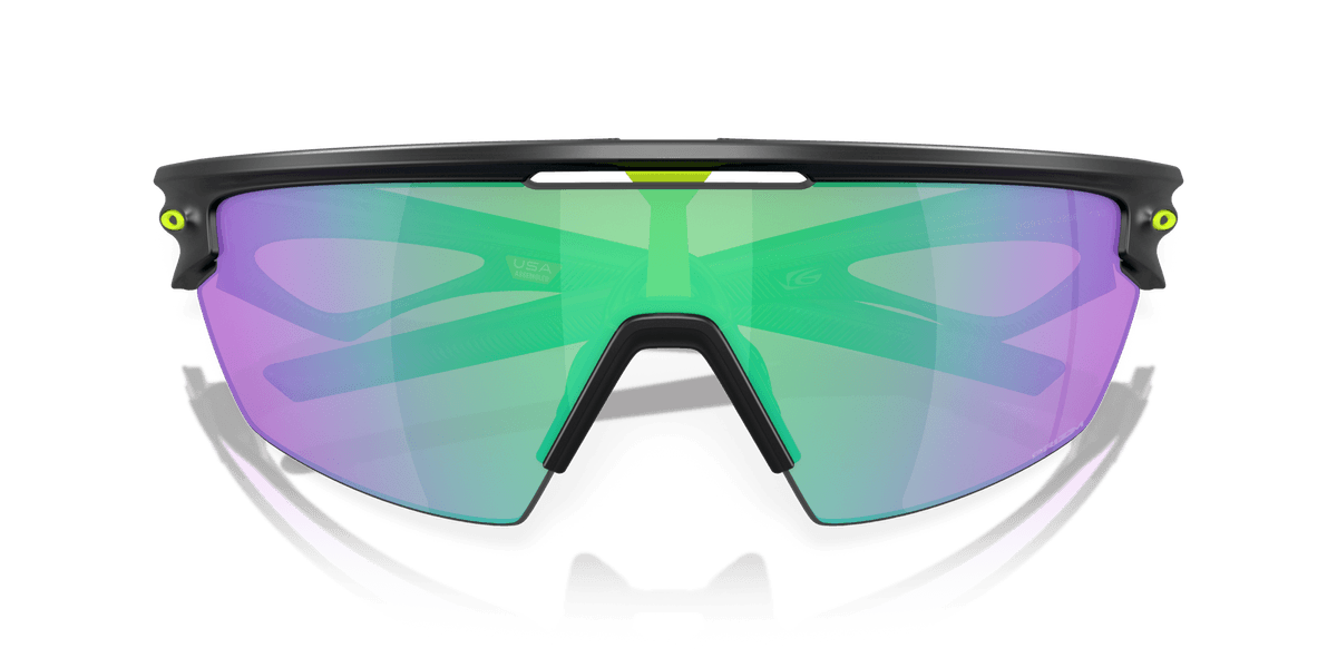 Oakley Sphaera sunglasses with matte black frame and green-purple iridescent lenses