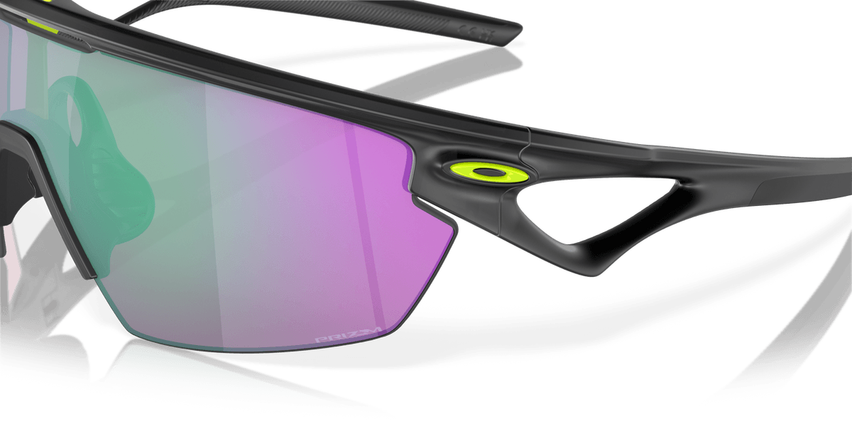 Oakley Sphaera sunglasses with matte black frame and iridescent Prizm Road Jade lenses