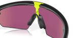 Oakley Sphaera sunglasses with matte black frame, yellow accents, and purple-pink lenses