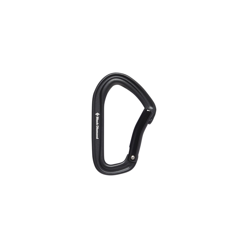 Black Diamond Hotforge bent gate carabiner in black on white background