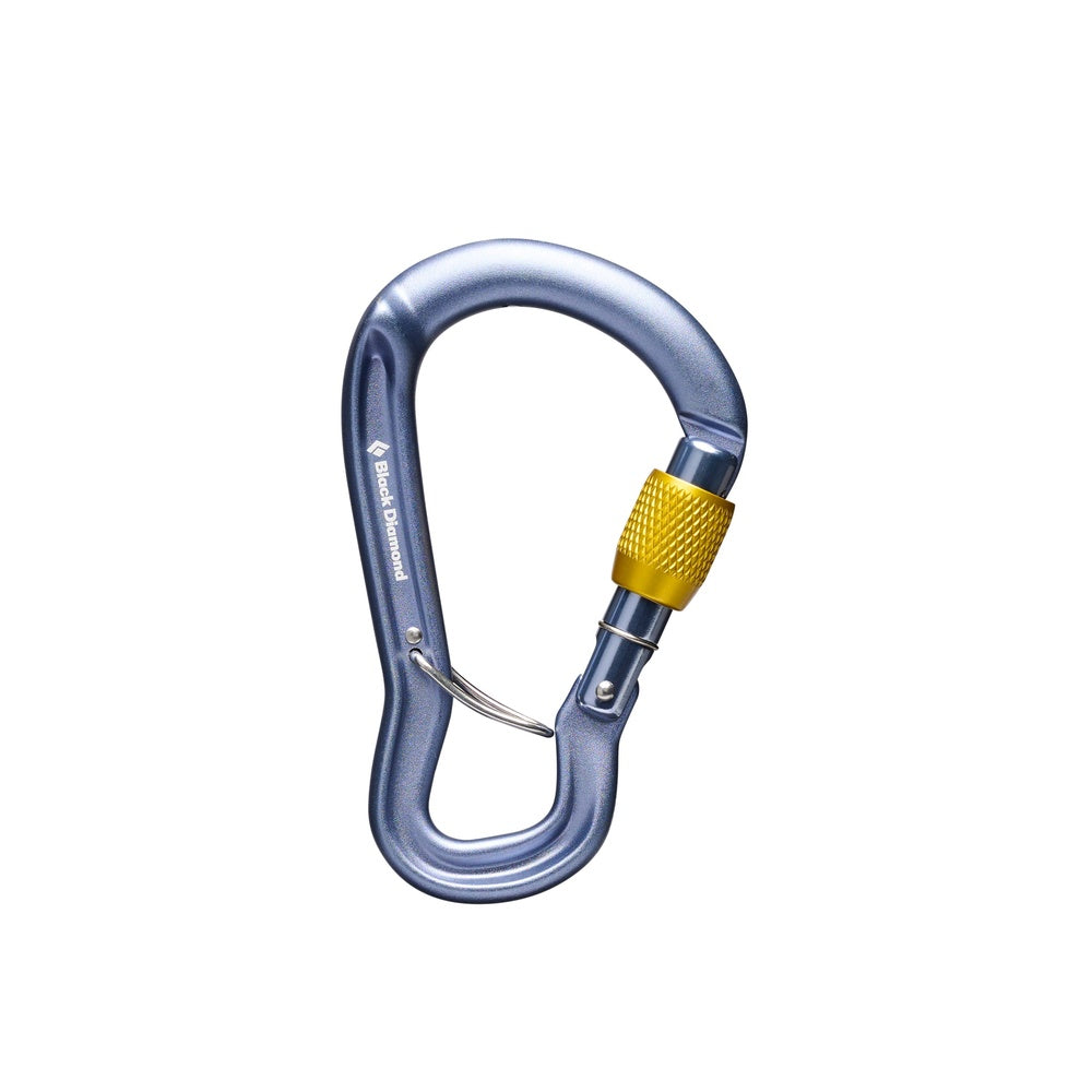 Black Diamond Gridlock screwgate carabiner in gray with yellow locking mechanism