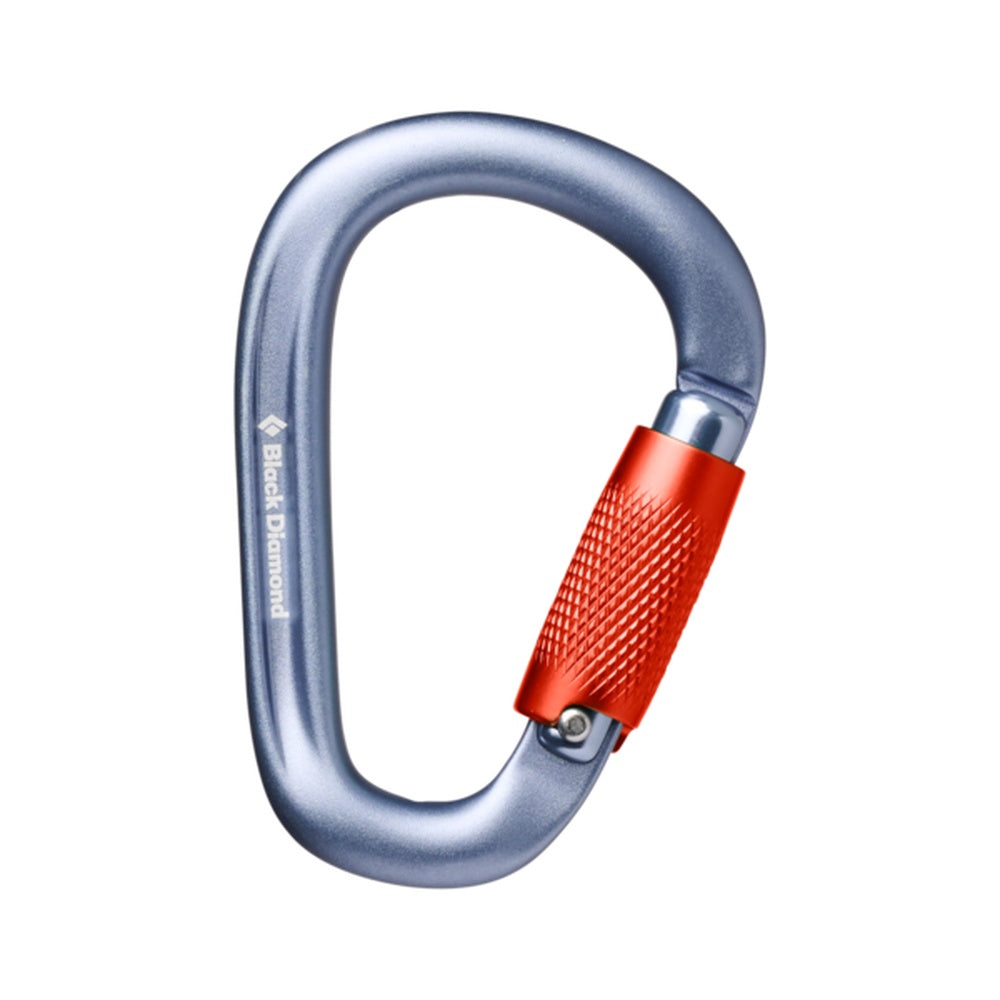 Black Diamond gray carabiner with red twistlock gate mechanism on white background