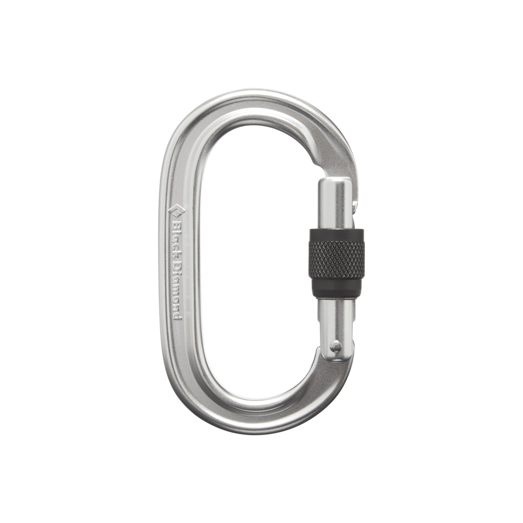 Black Diamond oval shaped aluminum carabiner with black locking screw gate on white background