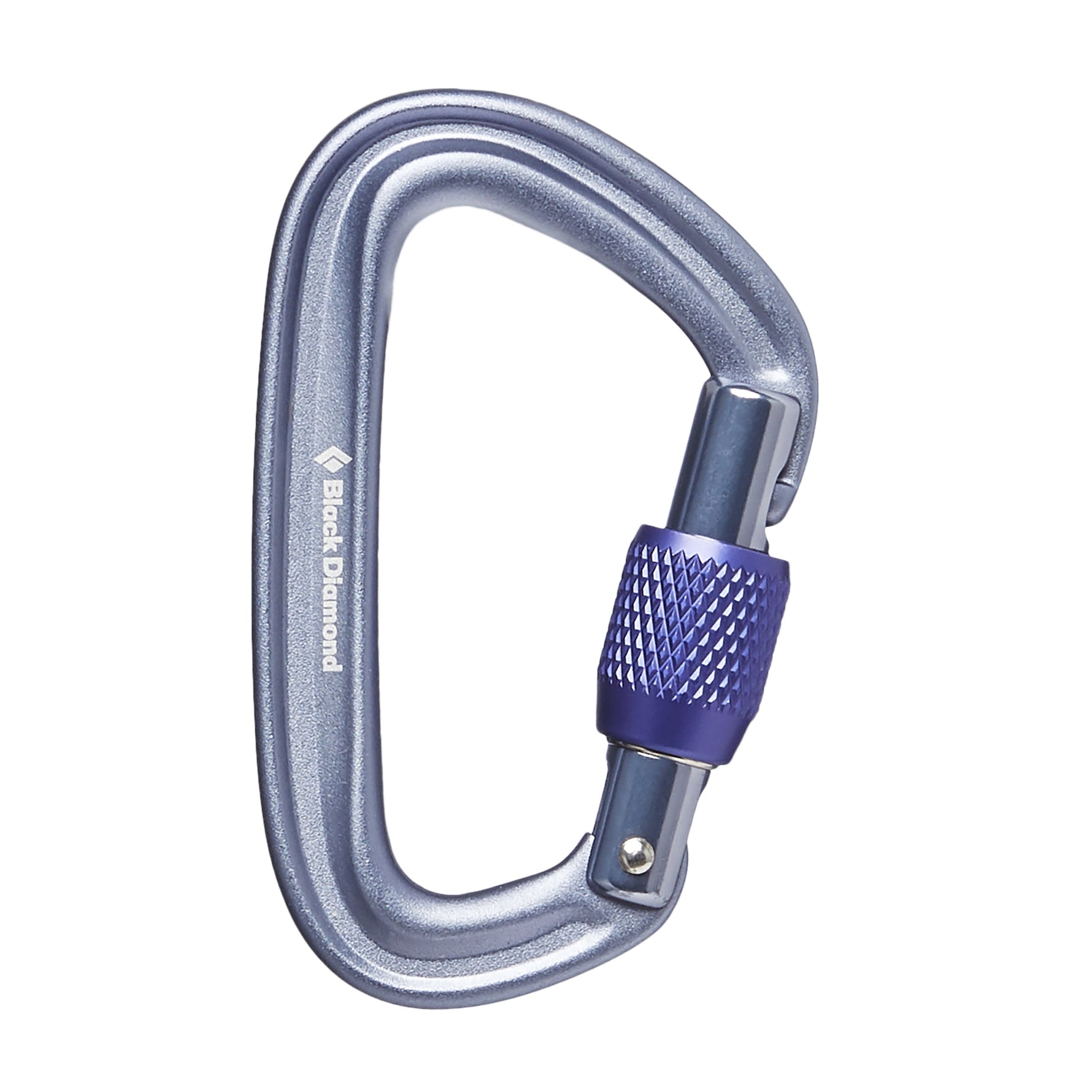 Black Diamond Liteforge screwgate carabiner in blue-gray aluminum with blue gate sleeve