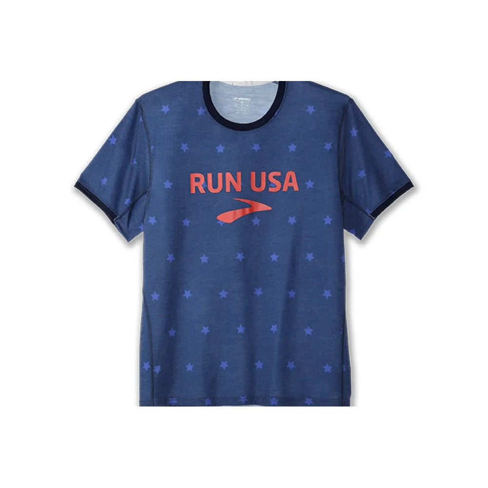 Brooks men's navy blue running t-shirt with star pattern and red RUN USA graphic