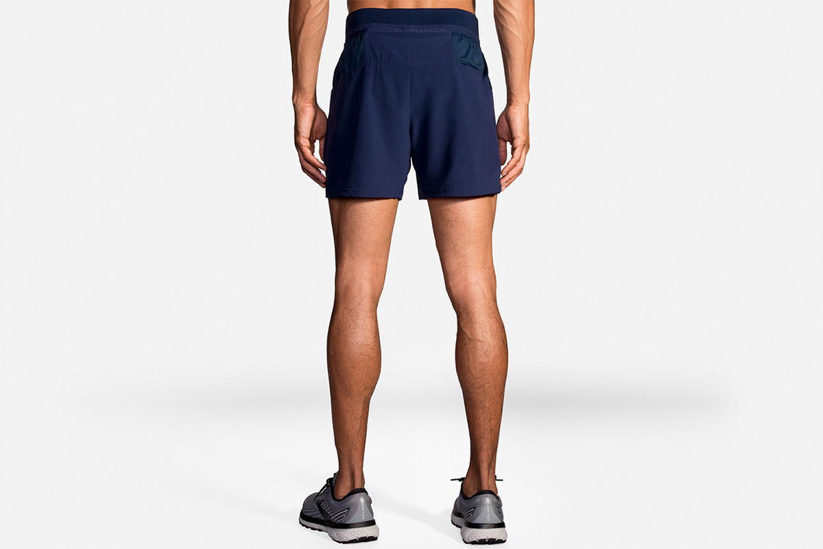 Brooks Sherpa 5-inch 2-in-1 men's running shorts in navy blue, rear view