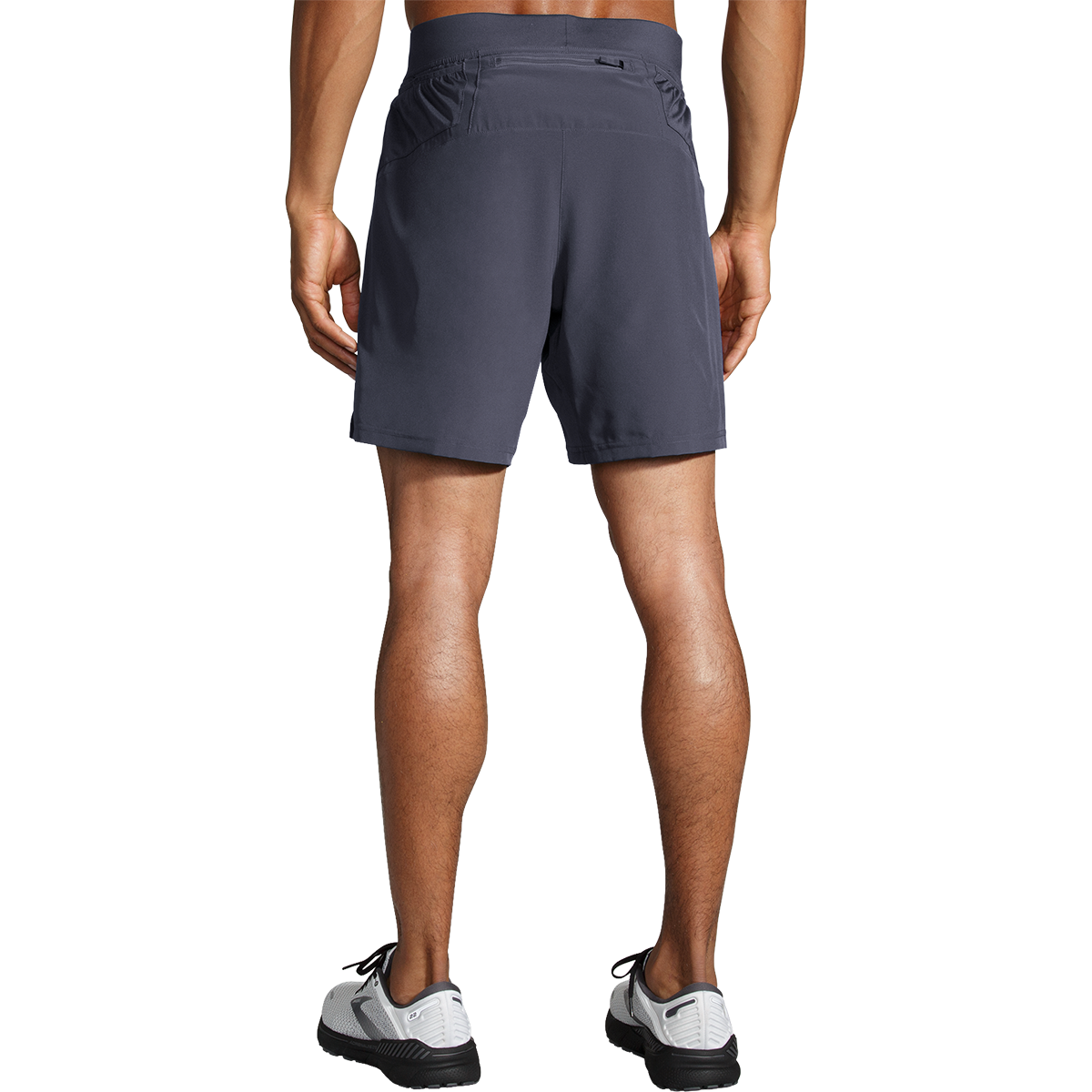 Brooks Sherpa 7-inch men's running shorts in dark gray, rear view on model
