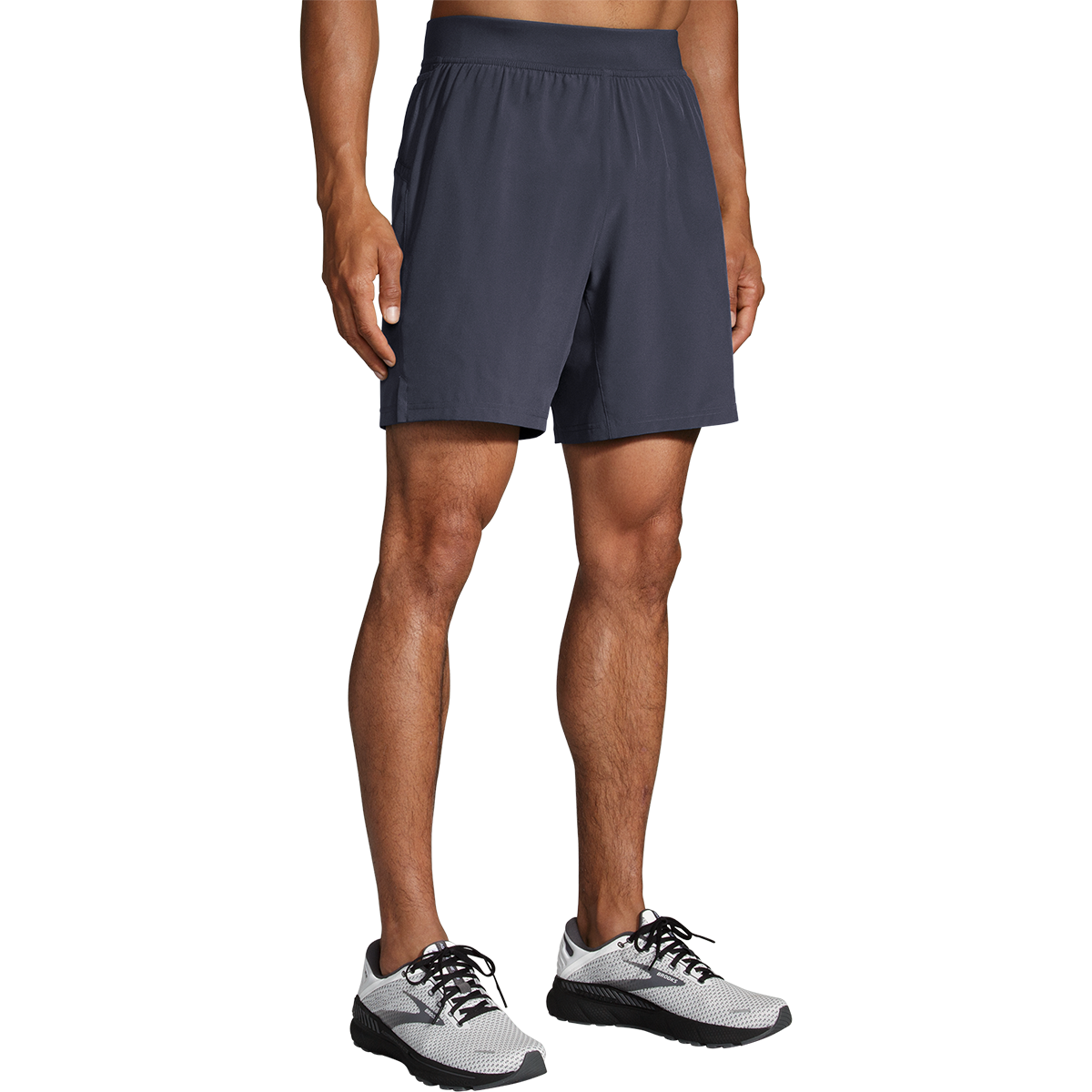 Brooks Sherpa 7 inch men's running shorts in dark navy on model